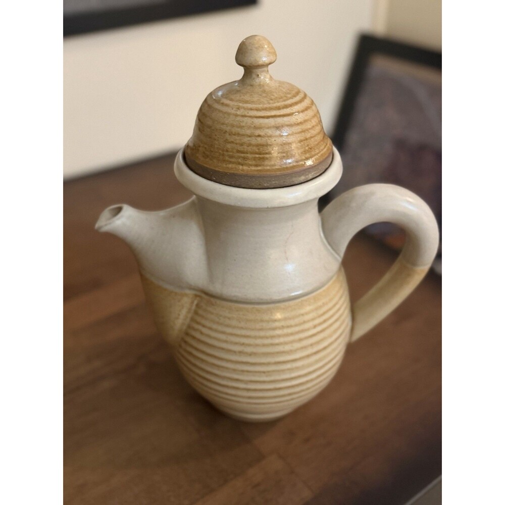 Overland Stoneware Beige/White Glossy Stoneware Coffee Pot w/ Lid & Handle